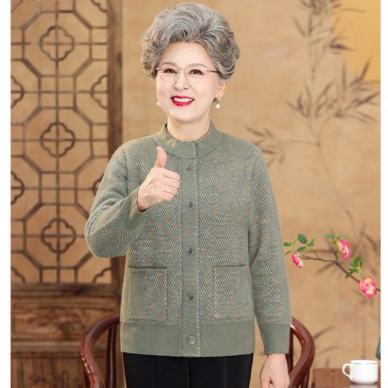 Medium Elderly Loose Casual Crew Neck Jacket Grandma Sweater Cardigan Mom Knitted Sweater Old Lady Clothes Women's