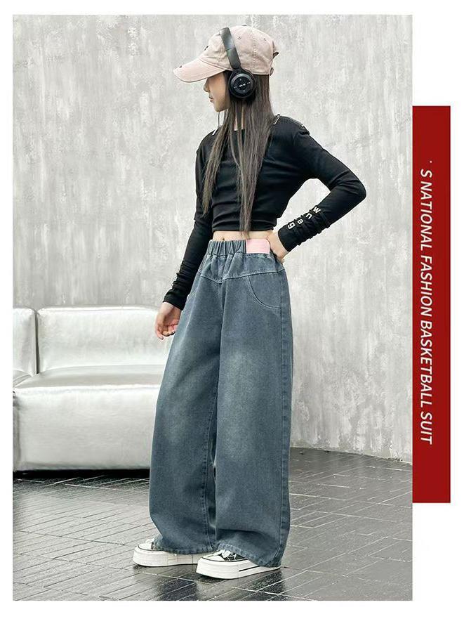 Dżinsy z szerokimi nogawkami w koreańskim stylu dla dziewczynek - Casualowa moda wiosenno-jesienna dla dzieci