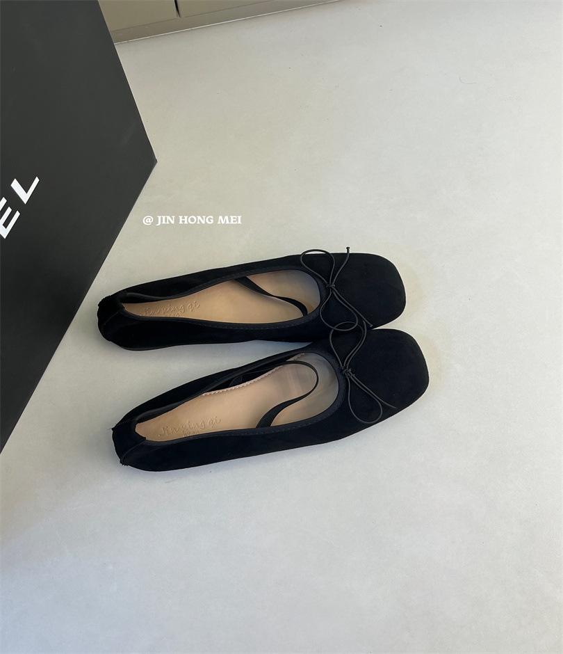 Square head single shoes women's flat bottom retro word with light mouth wide fat feet soft sole bow ballet shoes soft sole