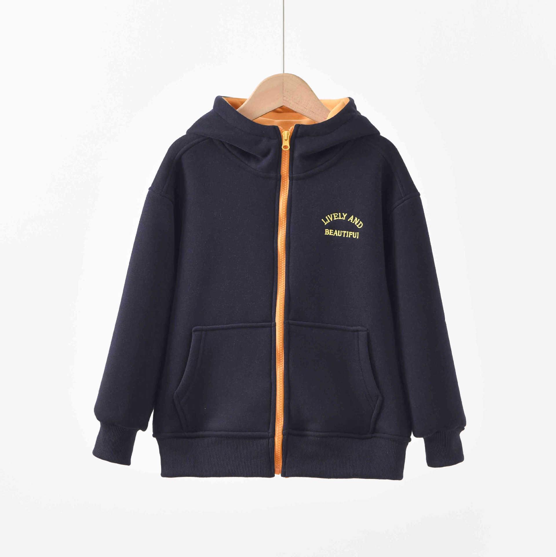 

Kids Winter Fleece Zipper Jacket with Plus Velvet Hood and Korean Sporty Style 140