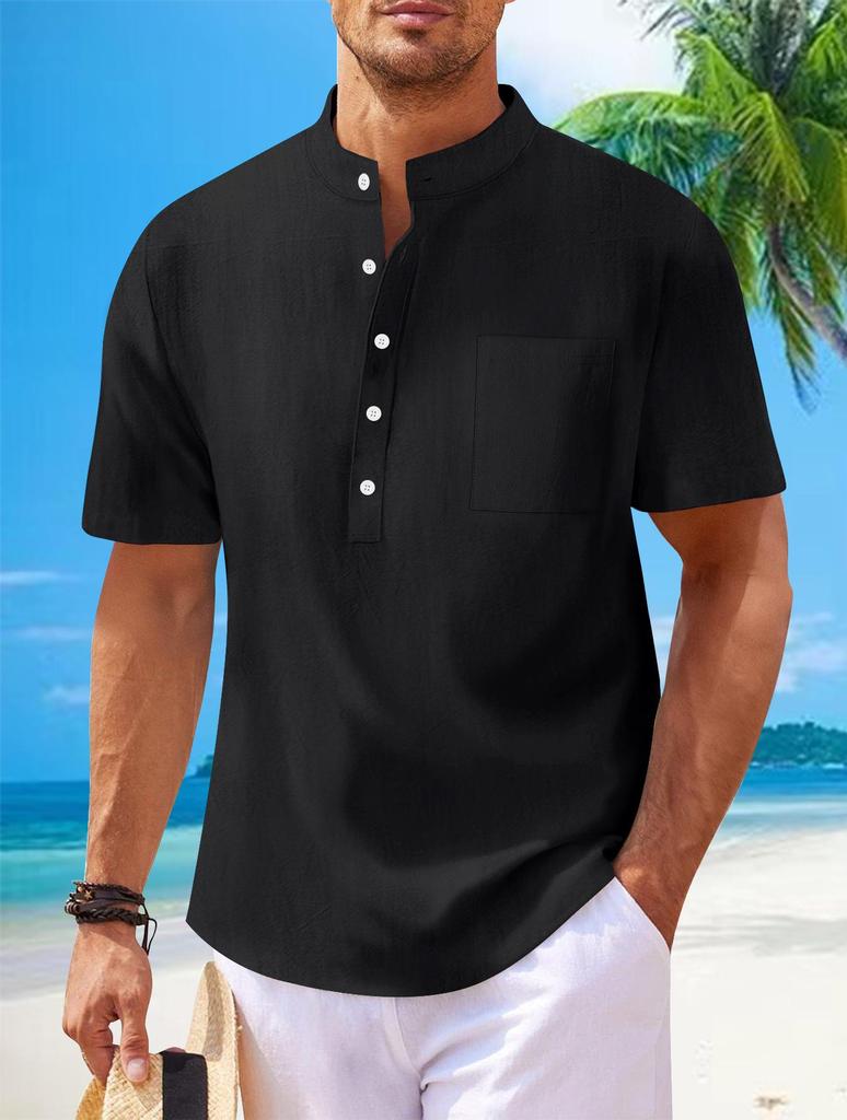 Men’s Cotton Linen Stand Collar Short Sleeve Henley Shirt - Casual & Versatile