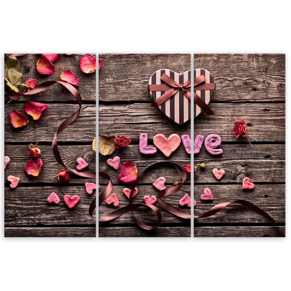 Three Piece Picture Canvas Print Heart Love Vintage Flowers