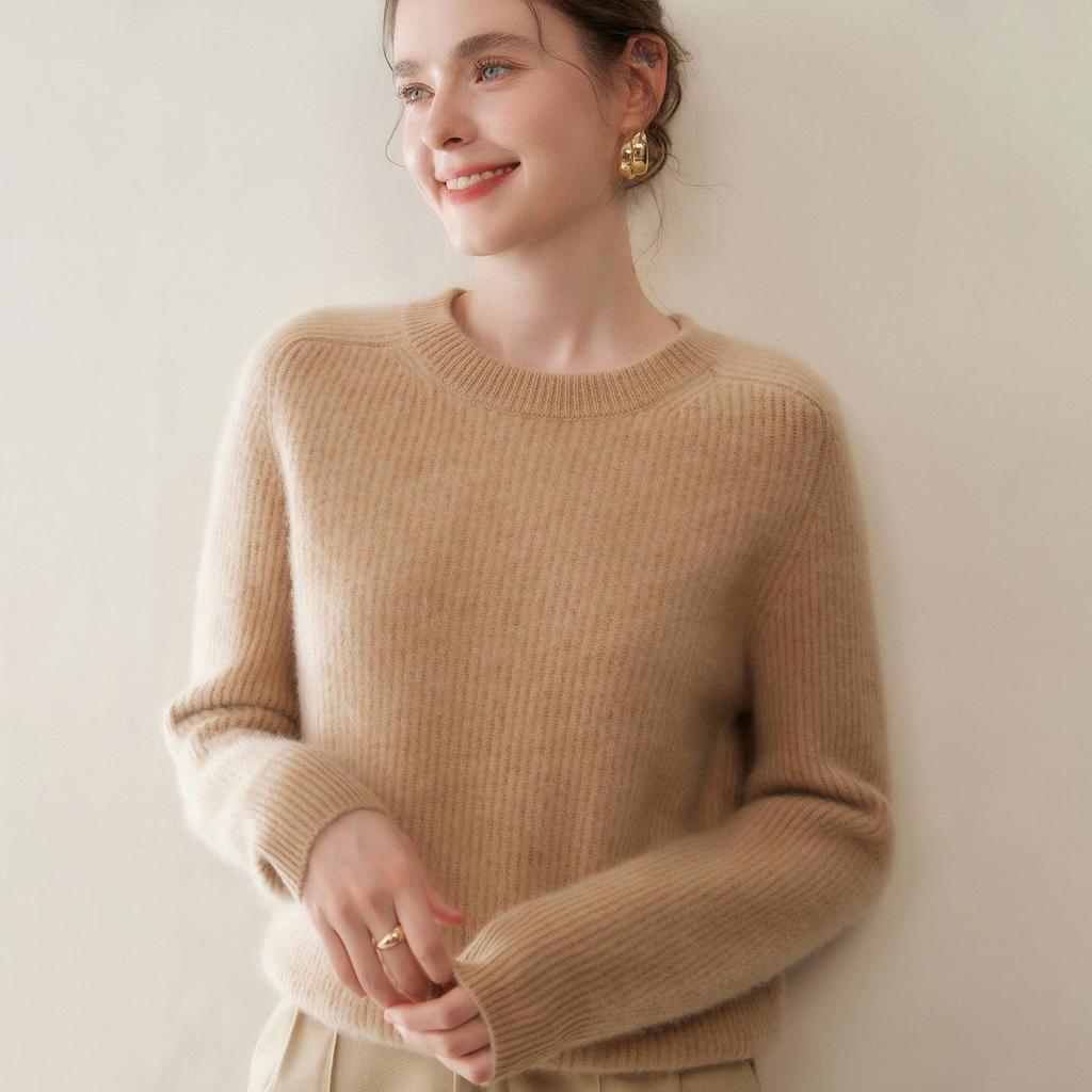Ribbed Cashmere Round Neck Women's Short Pullover Sweater - Solid Color Loose Knit Top