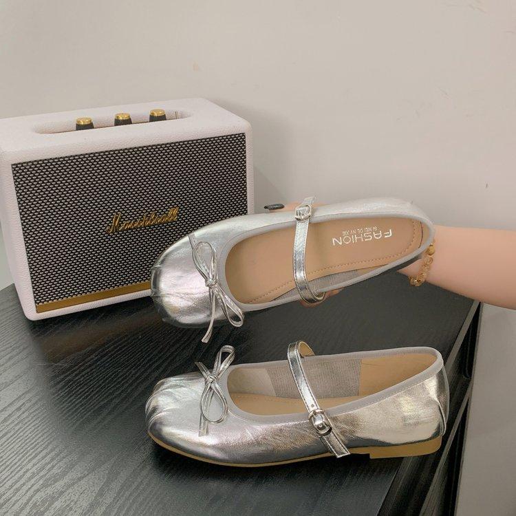 French silver Mary Jane single shoes women's 2025 new autumn and summer with skirt leather shoes ballet flat beanie shoes