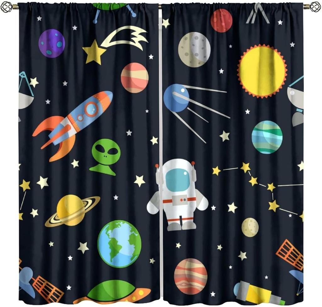 Kids Outer Space Curta, Universe Themed Earth Moon Rockets Stars Window Drapes, For Boys Girls Room Bedroom Living Room