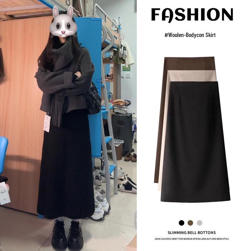 

Woolen Korean Style Mid-Length A-line Skirt for Women - Autumn/Winter, Warm, Loose Fit, Hip-Hugging Split Design Large чёрный