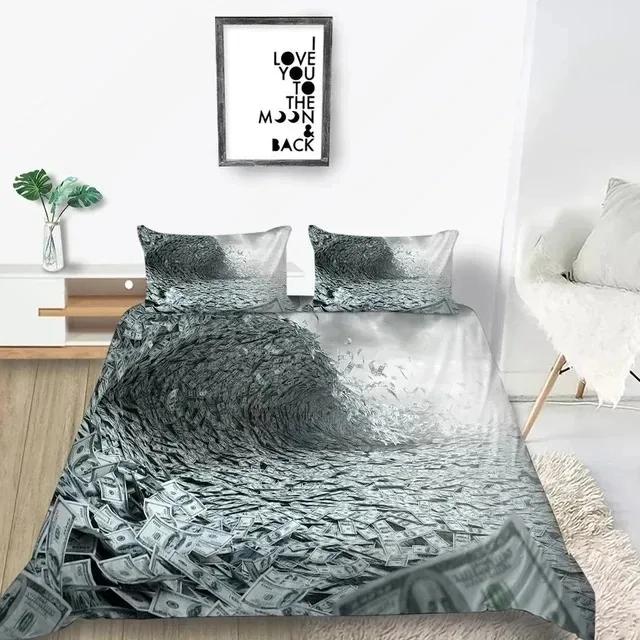 3D Modern Money Bedding Set Dollar Motif Printed Duvet Cover Vivid Comforter Cover 3 Pieces Money Pattern Funny Soft Bed Set