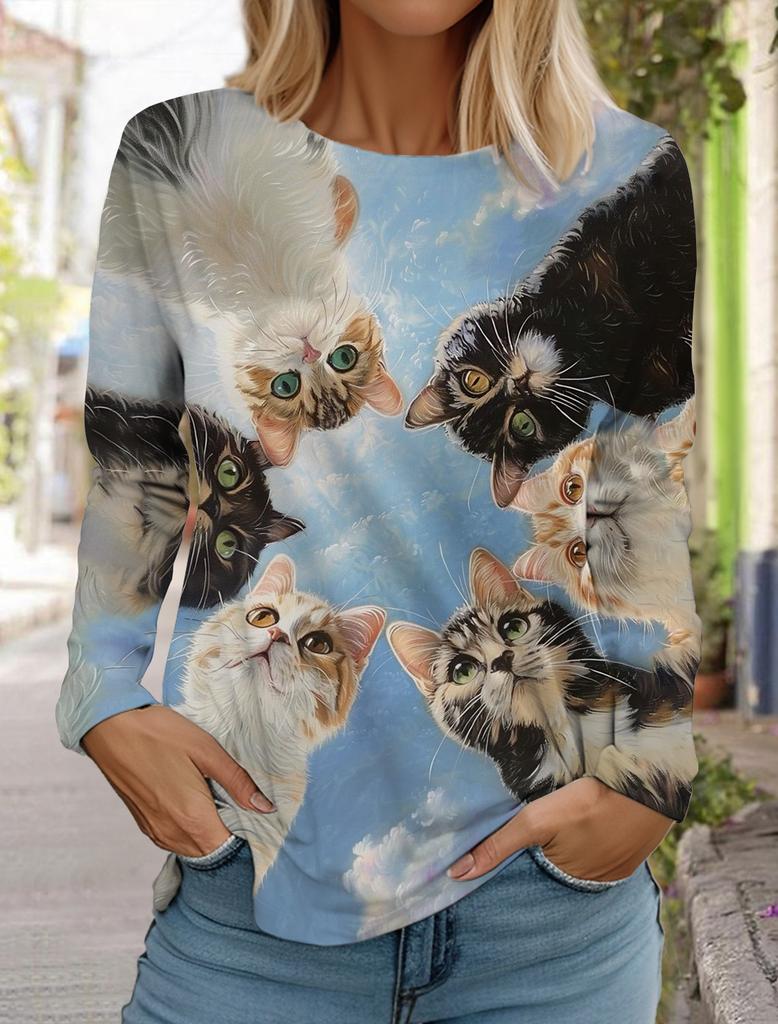 Felpa da Donna Designer Girocollo Manica Lunga Moda Casual Carina Gatto Animale Stampa Modello Top