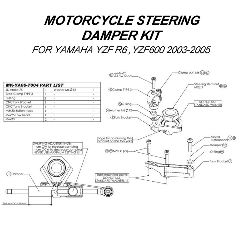 CNC Aluminum Adjustable Motorcycles Steering Stabilize Damper Bracket Mount Kit For YAMAHA YZF600 R6 2003-2005