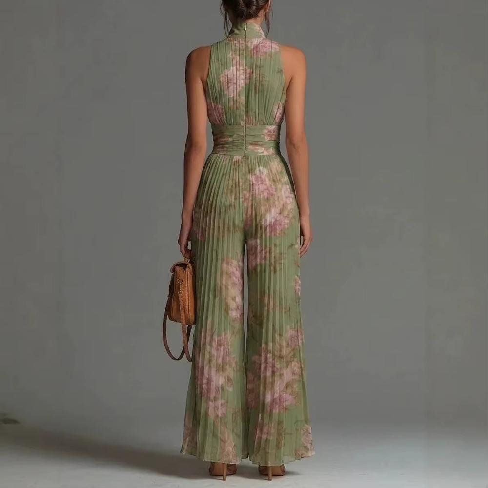 Damen Eleganter Chiffon Ärmelloser Jumpsuit Hohe Taille Plissiert Fließend Weiter Bein Einteiler Overalls Urlaub Lässig Streetwear Rompers