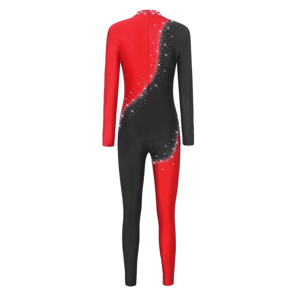 S-3XL Women‘s Dance Bodysuit Sparkly Rhinestones Long Sleeve Pants Back Zipper Color Block Full Coverage Unitard for Skating Ballet