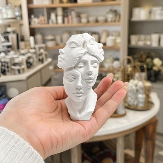 3D Printed Abstract Multi-Face Bust Sculpture, Art Decor with Black White Matte Finish, Compact Desktop Ornament for Entryway Home Office