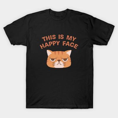 Asian Size Men Black Print T-shirt Funny Grumpy This Is My Happy Face Cat No-Cut Print Cotton Tshirt