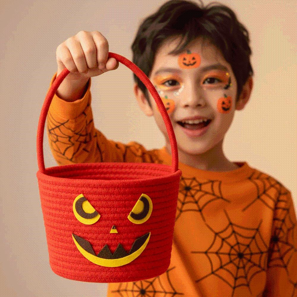Braided Pumpkin Candy Bucket Orange Trick Treat Tote Woven Storage Pouch Home