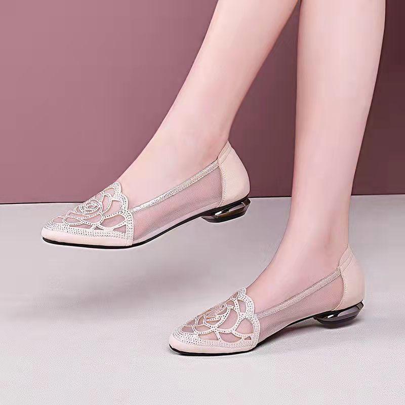 Large Size Hollow Breathable Sandals, New Low-heeled One-pedal Rhinestone Bag Head Mesh Pointed Single Shoes In Summer 2025