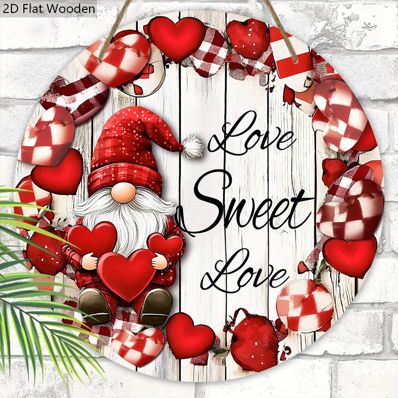 Valentine's Day Wooden Sign with Gnome Pattern - Romantic Round Ornament for Front Door, Wall Hanging Decor - Ideal Gift for Couple