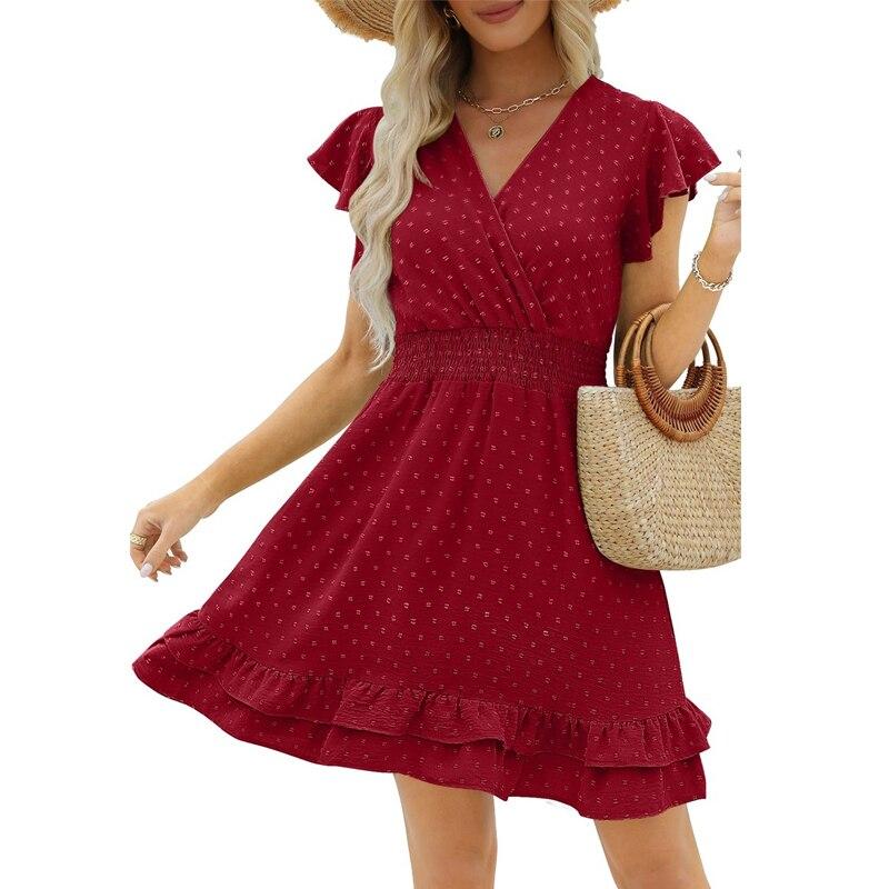 Summer  High Waist White Dress Sweet V-Neck Ruffle Short Sleeve Dot Dress Casual Cotton Linen Beach Mini Dress Vestidos 25628