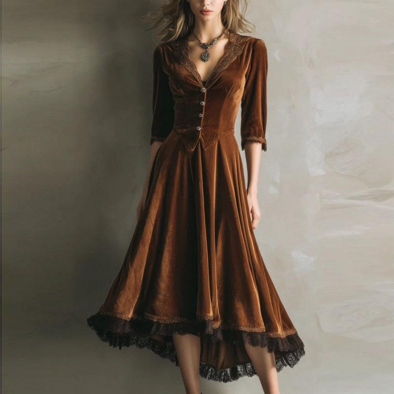 Women's Trendsetter Velvet Patchwork Lace Dress - Autumn/Winter European & American Street Style