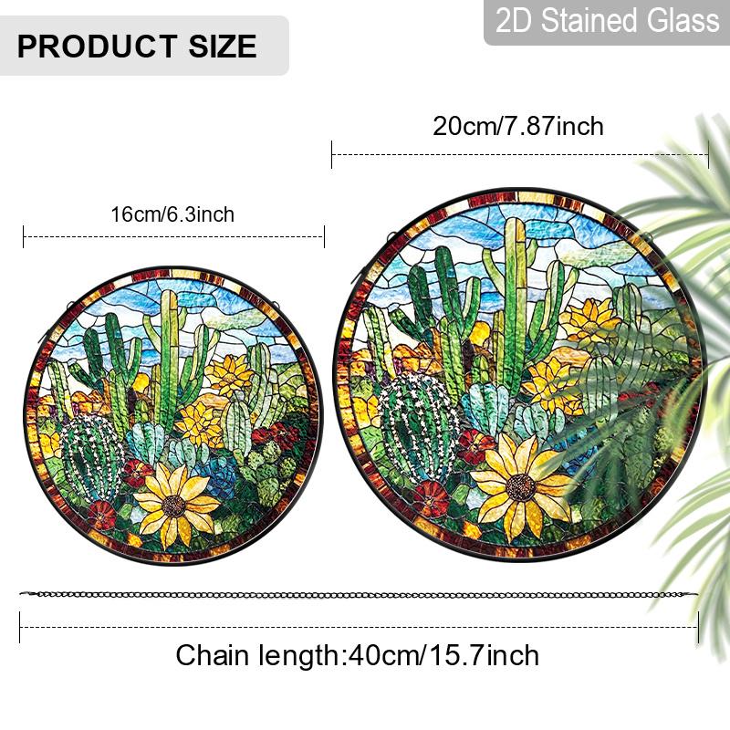 2D Flat Stained Glass Green Cactus Flower Window Decoration, 6.3/7.87inches Colored Glass Plate with Chain, Charming Spring Summer Sun Catcher Home