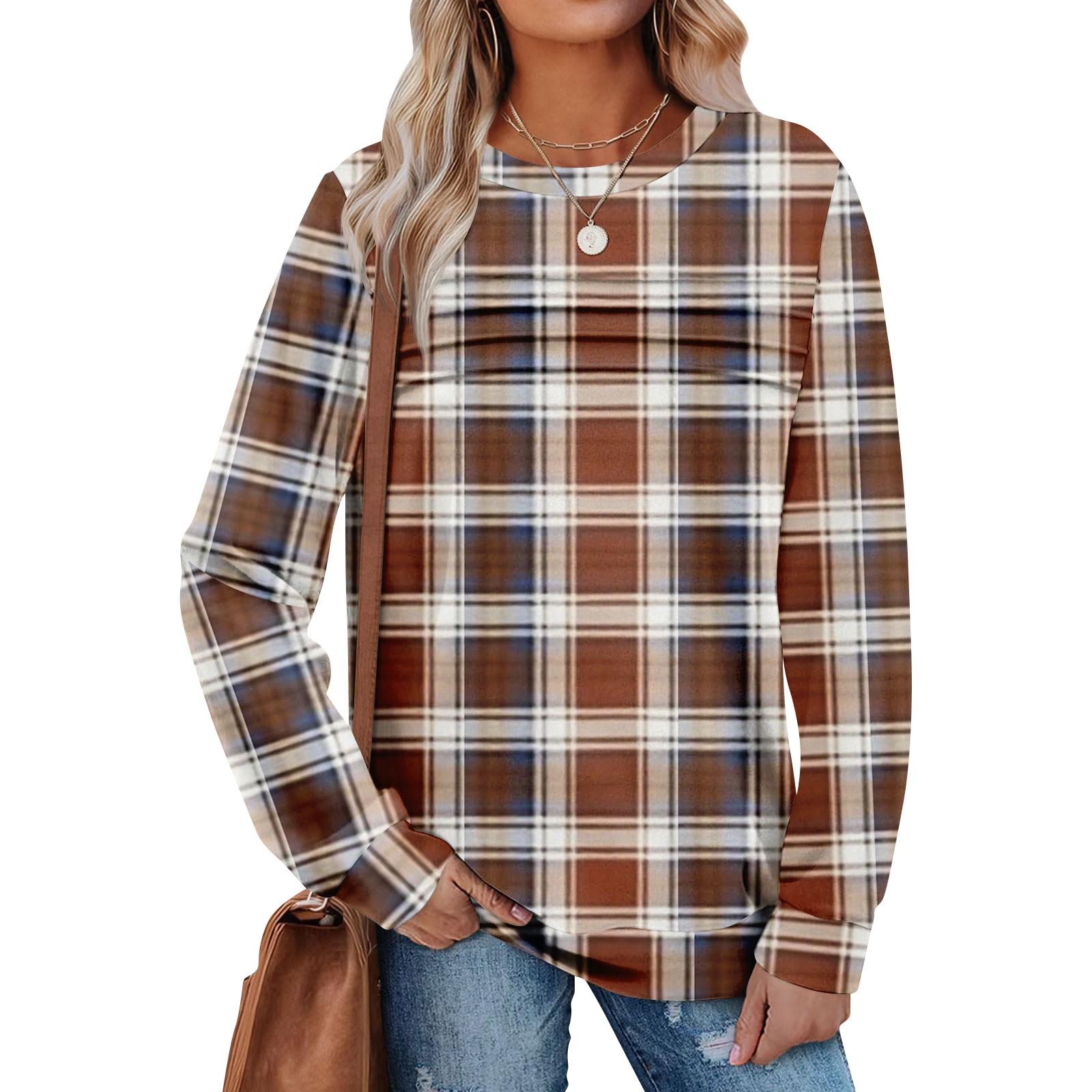 

Women s Casual Long Sleeve Round Neck Sweatshirt Fit Pleated Top XL коричневий