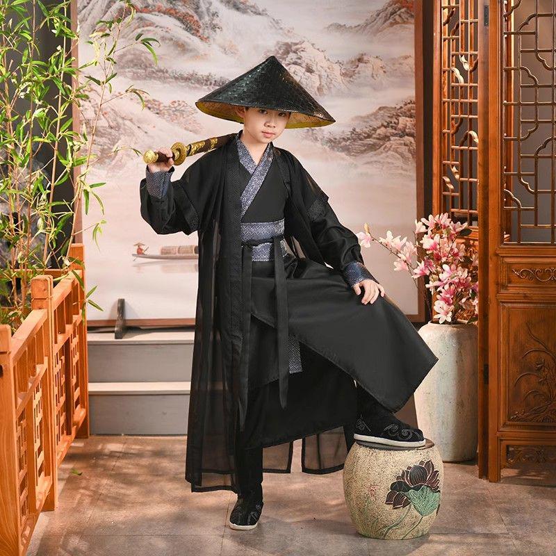 Spring Autumn Boys' Hanfu: Traditional Knight Costume with Bamboo Hat for Performances