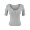 Button V-neck medium-sleeved T-shirt women's summer new American Spice Girl slim and thin short pullover bottoming top