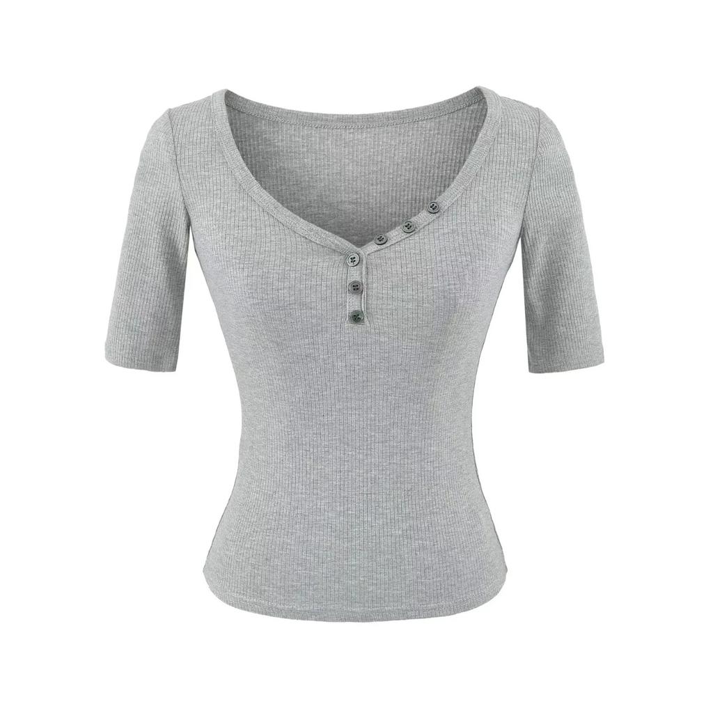 Button V-neck medium-sleeved T-shirt women's summer new American Spice Girl slim and thin short pullover bottoming top