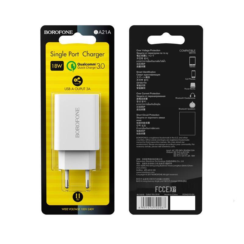 

BOROFONE BA21A EU Standard Fast Charger with Cable - Mobile Phone Single Port Charger Headset