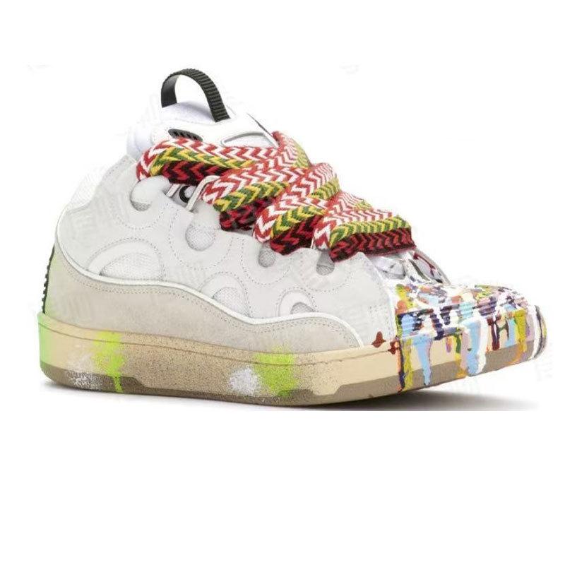 Langfan Men's and Women's Leather Splicing Lace-up CURB Sports and Leisure Shoes Retro Board Shoes New Shoes