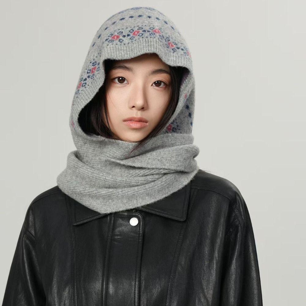 Cute Pullover Hat Jacquard Balaclava Hat Scarf Cap Fair Isle Style Ear Protection Hat Thickened Simple Knitted Hat Winter/Autumn