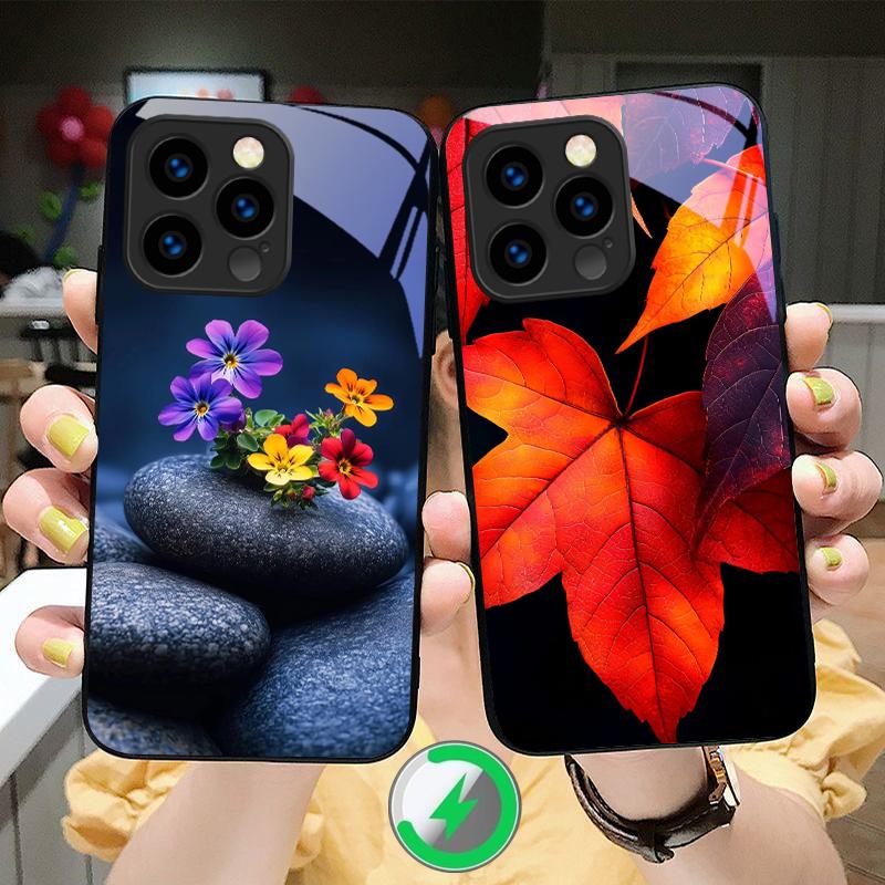 Small pebble flowers Suitable For iPhone 16E 17 Pro Max 15 Pro 14 13 Plus 12 mini 11 16 Air 17Pro magnetism Glass Phone Case