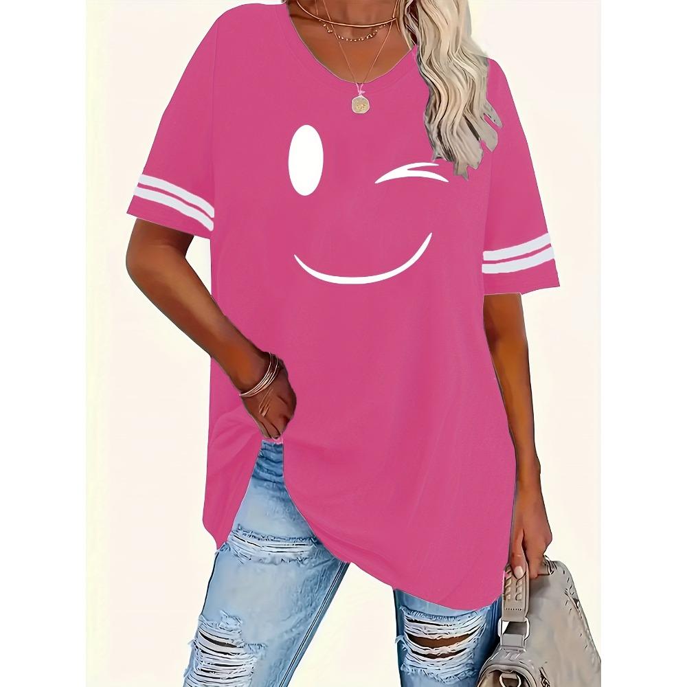 Women's Printed Round Neck Short Sleeved Striped T-shirt