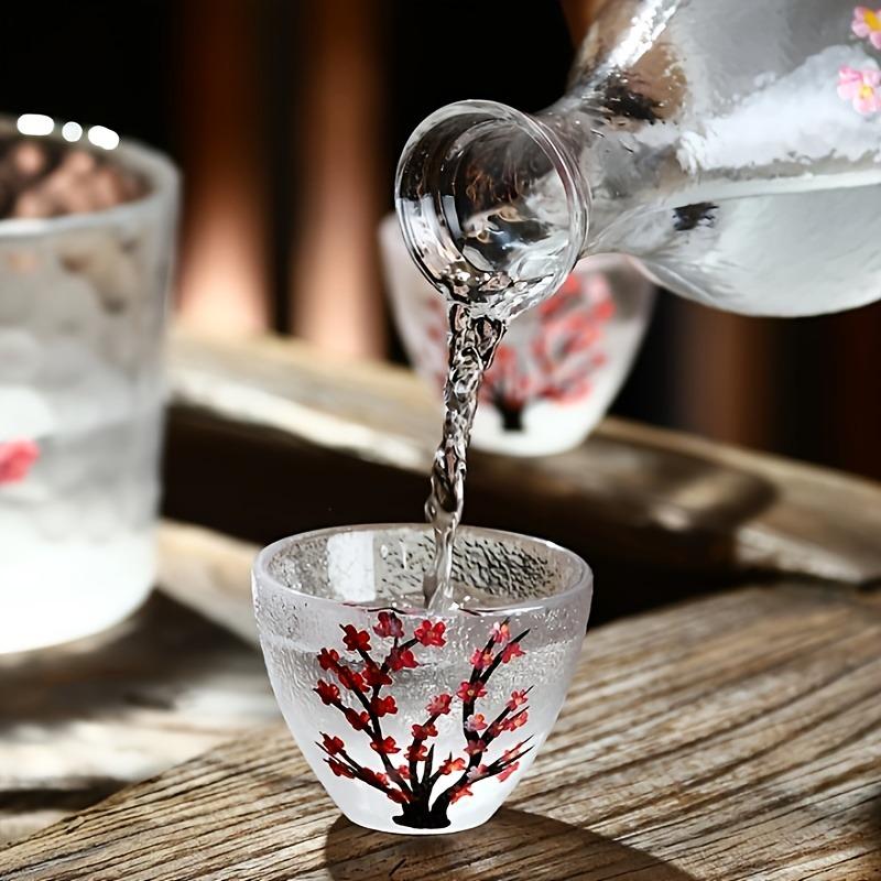 Hand-Painted Sake Set with Hammered Texture and Cherry Blossom Design Including A Sake Cup and A Sake Pot Home Dining Room Decor