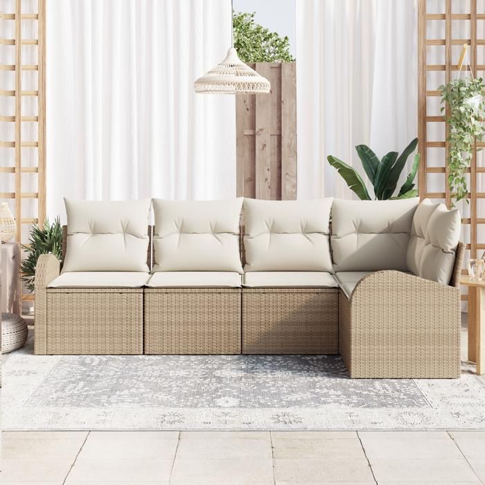 Ensemble de canapé de jardin 5 pièces avec coussins en poly rotin beige, Canapé de jardin 2 places avec rangement 3354710