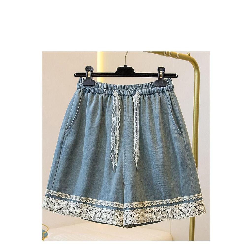 Plus Size Women's Lace Trim Denim Shorts - Loose Wide Leg Casual Capris