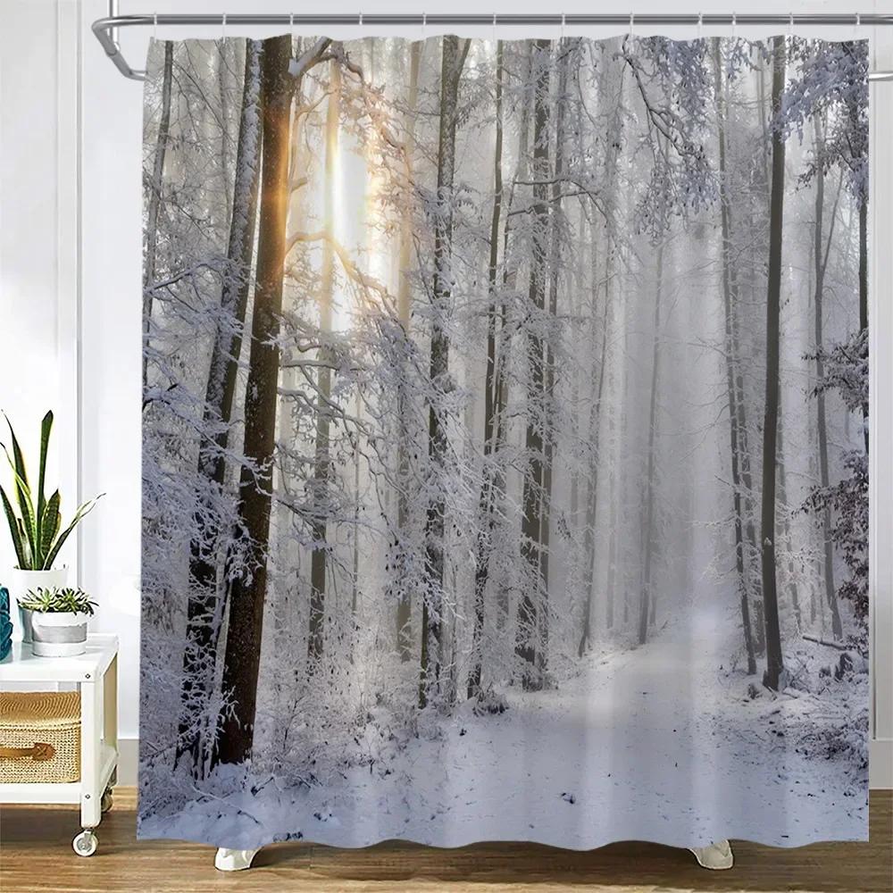 Winter Landscape Shower Curtains Snow Forest Trees Branch Nature Scenery Christmas Home Bathroom Decor Fabric Bath Curtain Sets