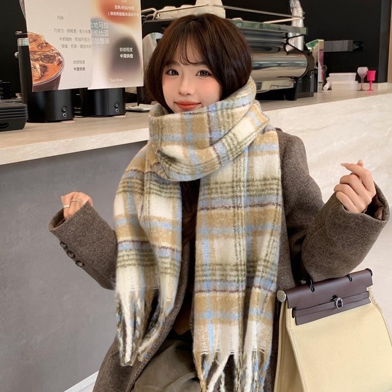 Women Winter Knit Scarf Headscarf Lady Preppy Retro Plaid Print Tassel Warm Scarve Foulard Wrap Shawl Fashion Casual New Korean