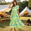 Women Casual Loose Bohemian Floral Dress Krótki rękaw Długa Maxi Summer Beach Swing Dress