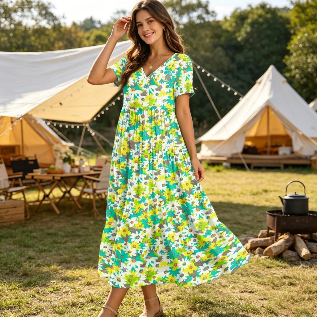 Women Casual Loose Bohemian Floral Dress Krótki rękaw Długa Maxi Summer Beach Swing Dress