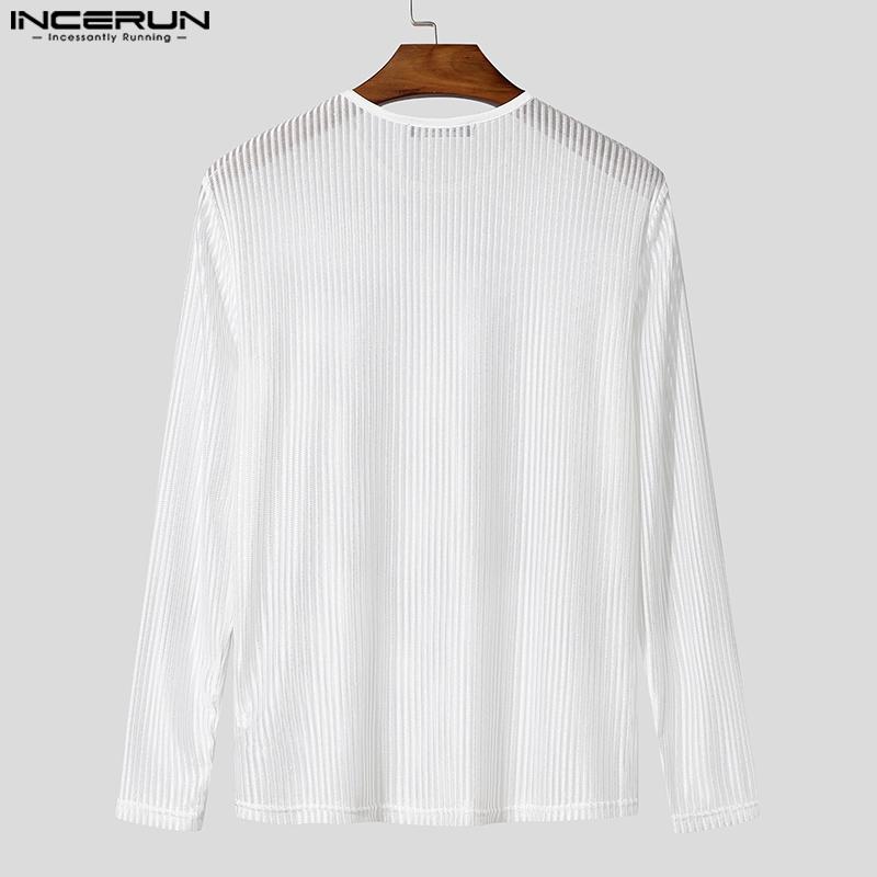 INCERUN Men Long Sleeve Striped Mesh See Through Skinny Party Club T-shirts Tops