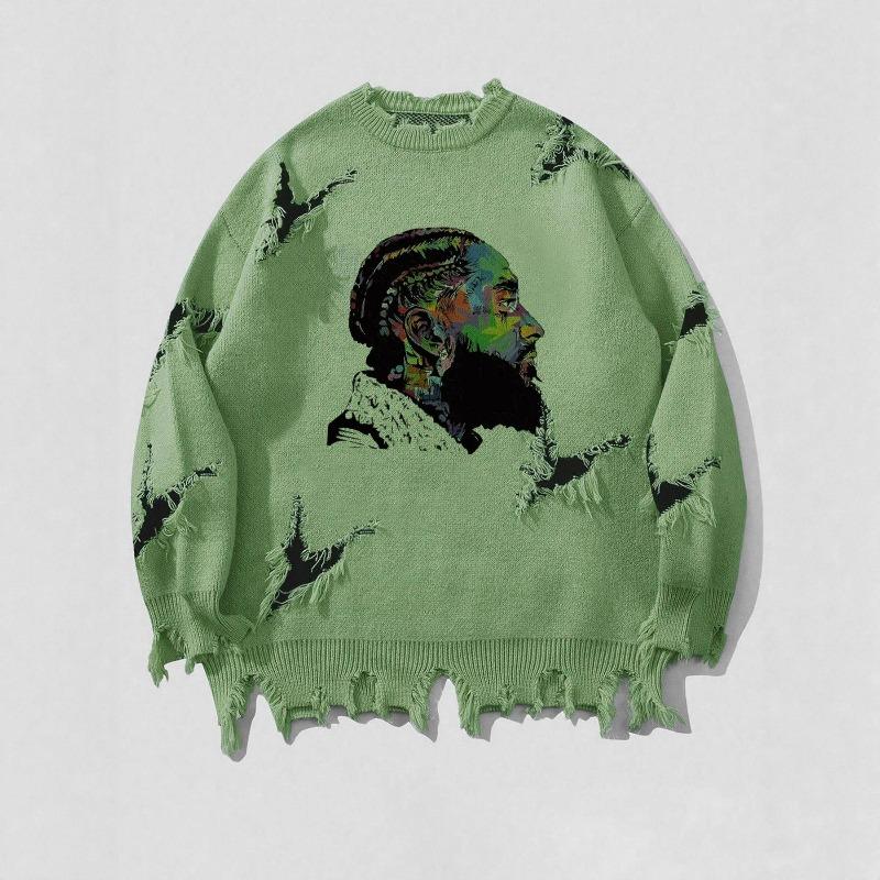 Pánský žíhaný grafický pletený svetr s kulatým výstřihem, oversized, pouliční styl, svetr přes hlavu