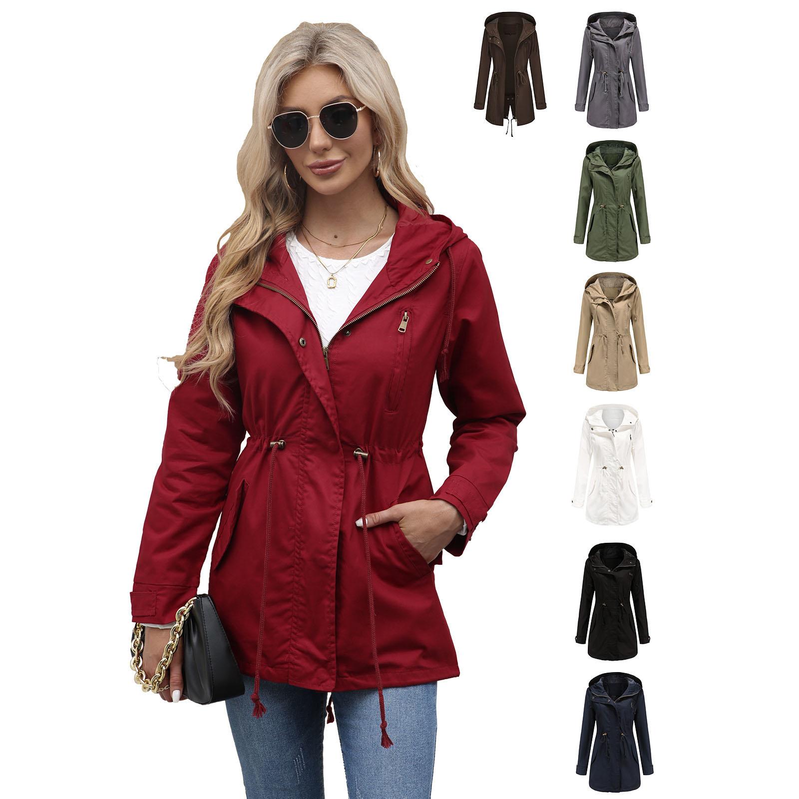 

Burgundy Women Hooded Jacket, Green Long Sleeves Windproof Jackets Fashion Casual Coat Black Blue Coffee Khaki XS-4XL XS чорний