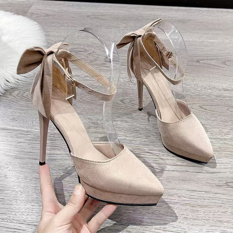 12Cm thin heel waterproof table one-word buckle with fashion adult gift high heels bow high heels pointed sandals women