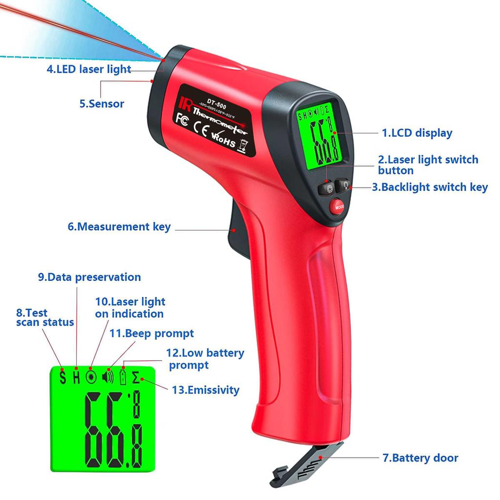 Infrarot-Thermometerpistole -50~500°C Berührungslos Laser-Temperaturpistole Handheld-Temperatursensor Messen Digitales Pyrometer LCD-Hintergrundbeleuchtung
