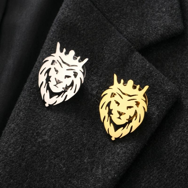 Animal Crown Lion Lapel Pins Brooch For Men Women Stainless Steel Suit Collar Badges Jewelry New Trendy Gift