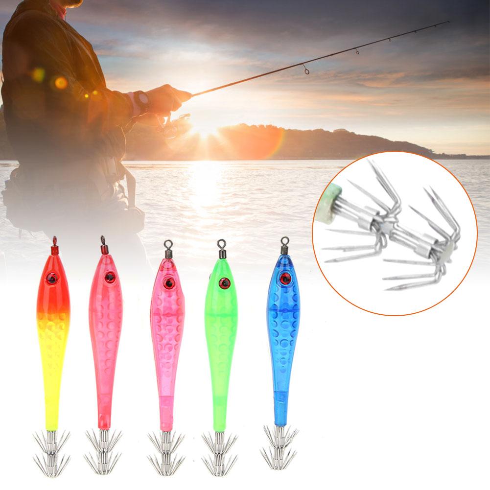 5 Pcs Luminous Squid Jigs Artificial Fishing Lures with 2 Layer Hooks Fish Tackle Accessories