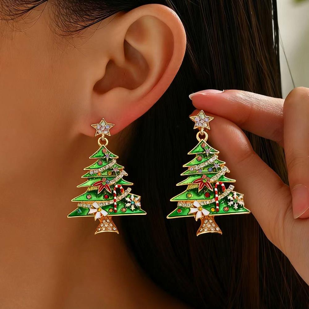 Colorful Light Luxury Christmas Tree Diamond Stud Earrings for Women
