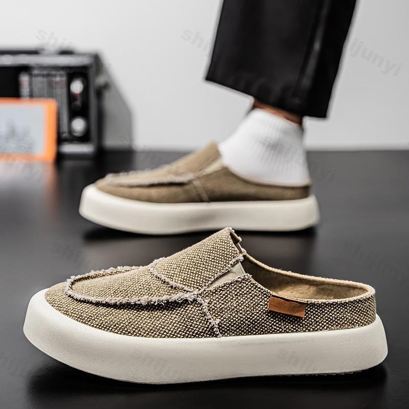 Fashion Men's Niche Fashion Casual Thick Soled Canvas Half Slippers 2025 Autumn Low Top Comfortable Versatile Non Slip Chunky Drag Shoes