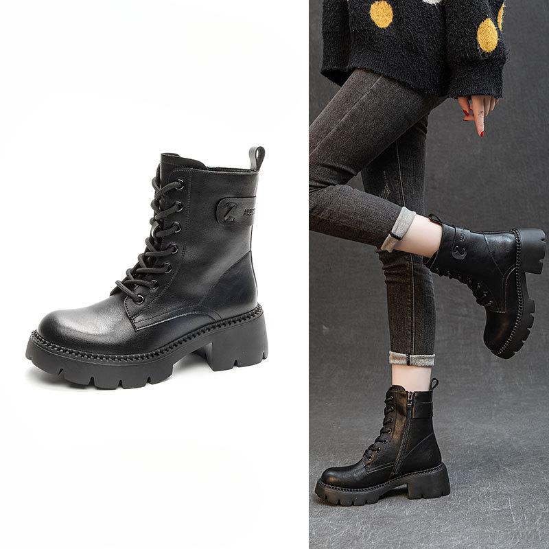 Scarpe Autunnali Stivali da Donna a Metà Polpaccio con Suola Spessa e Punta Rotonda con Tacco Chunky Retro e Versatili