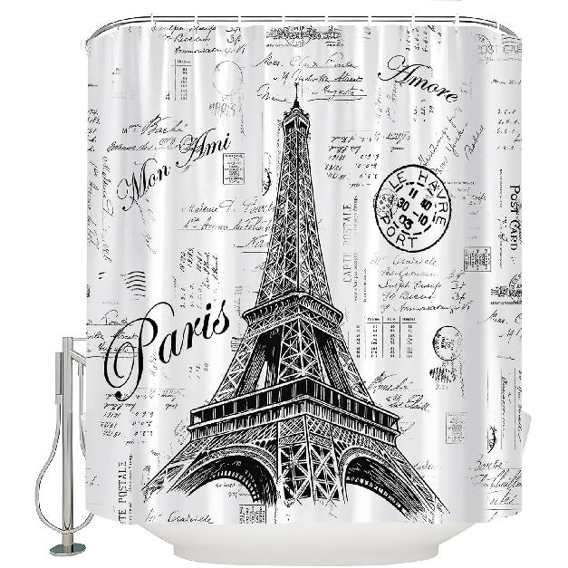 Eiffel Tower Shower Curtain Retro Hand-Painted Postmar Seal France Romantic European Paris City Architectural Cultural 70" L x 70" W Bathroom Decor